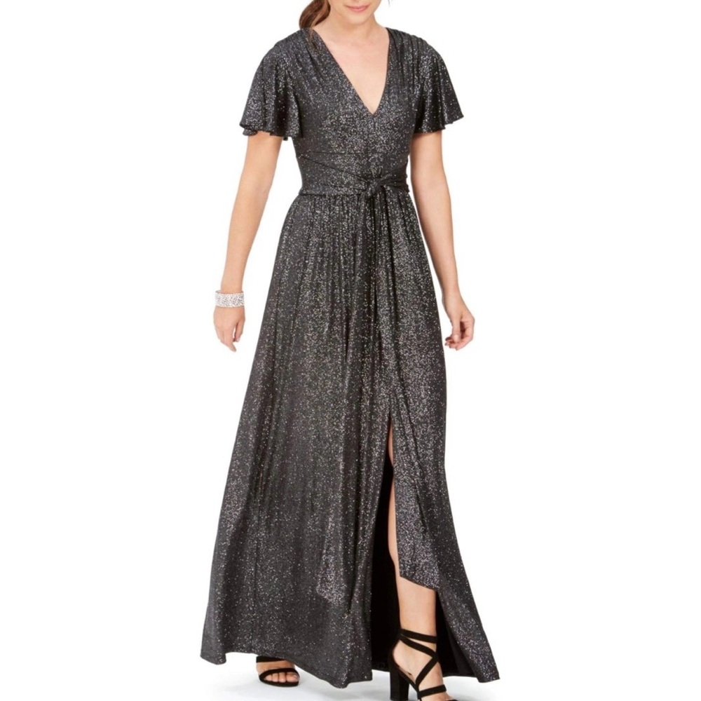NWT Eliza J Black Flutter Sleeve Sparkle Gown